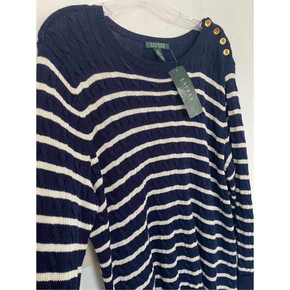 Lauren Ralph Lauren Navy White Striped Cable Knit Sweater Sz 2X - Picture 7 of 7